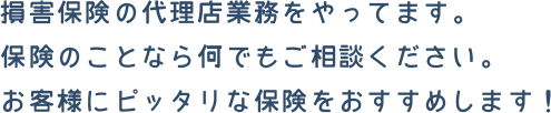 損害保険の代理店業務をやってます。
自動車保険のことならご相談ください。
お客様にピッタリな保険をおすすめします！